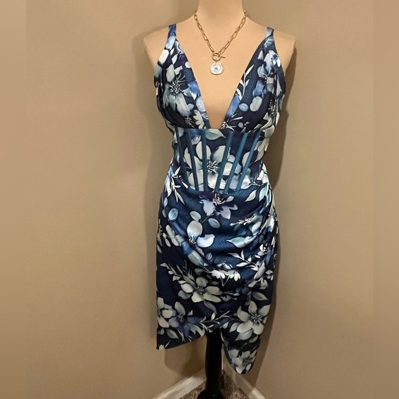 AVERIE AFINA DRAPED MIDI DRESS Teal Floral Asymmetric, Boning, size XL - Picture 2 of 12